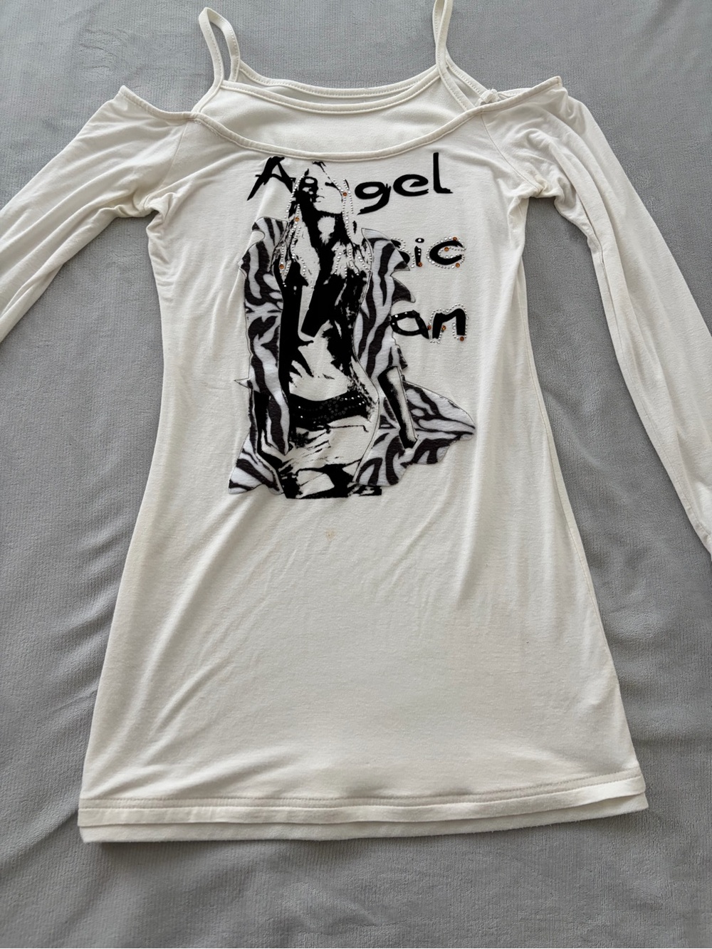 Y2K Angel Graphic Cold Shoulder Top Faux Layered Cami Grunge burnout velvet